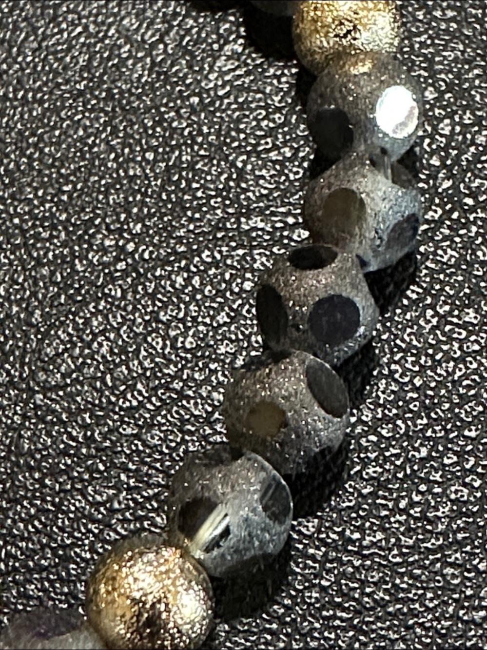 51. Dark Grey Polka Dot Glass & Gold Tone Beaded Stretch Bracelet - Picture 9 of 9